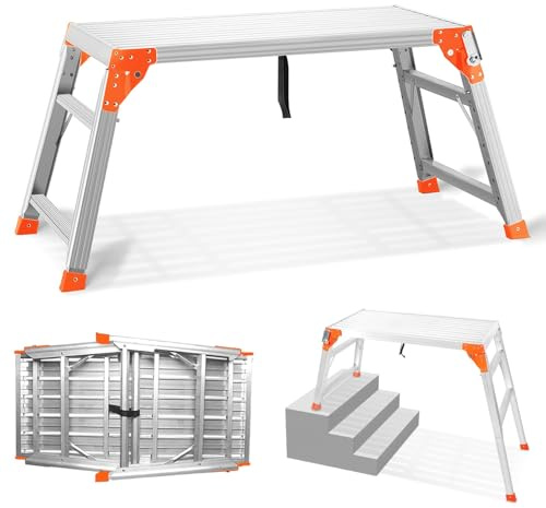 SHANTRA Multifunctional & Adjustable Work Platform with 330 lbs Capacity, 24 to 35 inches Step Ladder, Aluminum Folding Scaffolding Ladder, Heavy Duty Portable Work Bench Stool with Non-Slip Feet