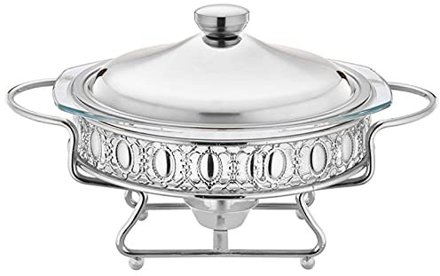 Conjunto de platos de chisma de 2 piezas, bandeja de buffet redonda de acero inoxidable, marco durable con tapa y chorro de combustible para el comedor de la fiesta de cocina.,Blanco