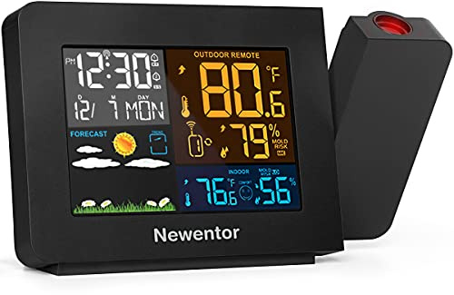 Newentor Atomic Projection Alarm Clock with Weather Station for Bedrooms, Projector Clocks with WWVB Function, Indoor Outdoor Thermometer Wireless, Temperature Humidity Monitor and Weather Forecast