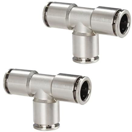 Jienk 2PCS 1/4 Tube OD Union Tee Push to Connect Fittings, Pneumatic 3 Way Tee Shaped Nickel-Plated Copper Quick Connector for Air Bag Air Brake Air Compressor