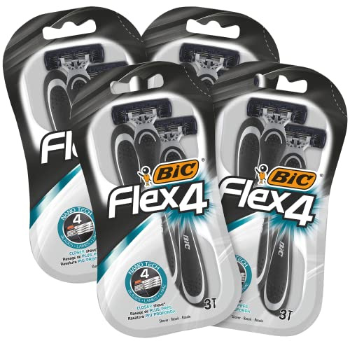 BIC Flex 4 Rasierer Herren, 4 x 3 Einwegrasierer mit je 4 Klingen, mit Aloe Vera & Vitamin E für eine sanfte Rasur