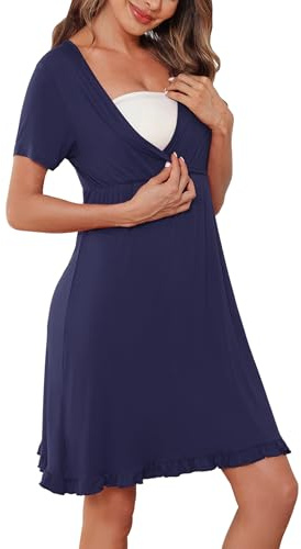 Bresdk Camicia da Notte Donna Camicia da Notte Parto Ospedale Allattamento Estiva Manica Corta Pigiama Premaman Volant Vestito Blu,L