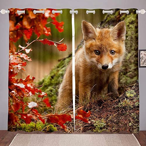 JOMAKE Fuchs Vorhang 3D Süßer Fuchs Blickdicht Gardinen mit Ösen 2 Stück Verdunkelungsvorhänge Junge Mädchen Vorhang Verdunkelung Wärmeisolierend Schlafzimmer Gardine 2 x 75 x 166 cm（B X H）