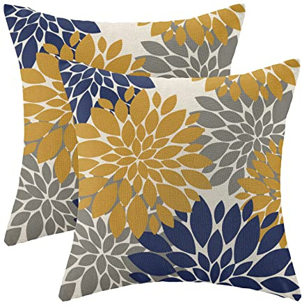 CXMEIFLY Mustard Yellow Navy Blue Pillow Covers 20x20 Inch Set of 2 Dahlia Floral Decor Throw Pillows Summer Modern Geometry Flower Outdoor Decorative Cushion Cases for Sofa Couch Bed Decorations