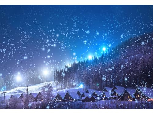 YongFoto 3,5x2,5m Foto Hintergrund Weihnachten Dorf Nachtansicht Bäume, die glänzende Lichter Blauer Himmel schneien Winter Weihnachten Fotografie Hintergrund Photo Portrait Party Kinder Fotostudio