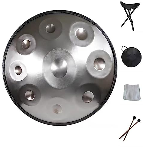 9 Note 22 Zoll Handpan in D-Moll Nitrieren Stahl Handtrommel Handgemachtes Heilendes Musikinstrument-Geschenk mit Tragetasche und Schlägeln für Anfänger Erwachsene (440hz) (Chrome)