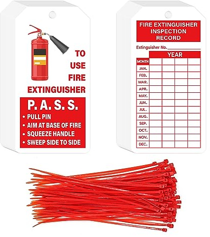 YHNTGB Lot de 160 étiquettes d'extincteur avec attaches réglables pour extincteurs d'incendie mensuels pour intérieur et extérieur 10,6 x 5,3 cm