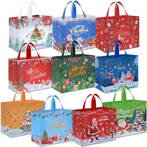 AhfuLife 10pcs Sacchetti Regalo Natale Grandi, 36×40×15cm, Borsa Riutilizzabile per Natale, Sacchetto di Trasporto Con Maniglia, Regalo Borse di Trasporto per la Decorazione