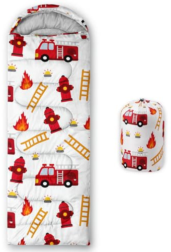 Axolotl Cartoon Firefighter Kids Sleeping Bag–Lightweight Warm Cold Weather Sleeping Bags,Hiking Sleeping Bags for Boys,Waterproof Portable Fire Truck Sleeping Bag for Camping,Camping Gear Equipment