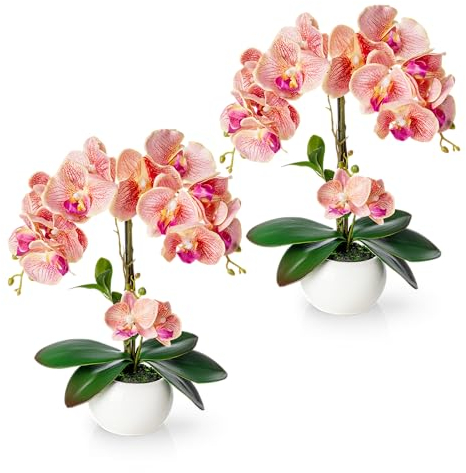 PASCH® 2er Set Orchideen künstlich in Hochglanz-Keramiktöpfen (40cm) | Kunstblumen im Topf | Kunstblumen wie echt | künstliche Orchideen im Topf | künstliche Blumen (2 x Hellrosa)