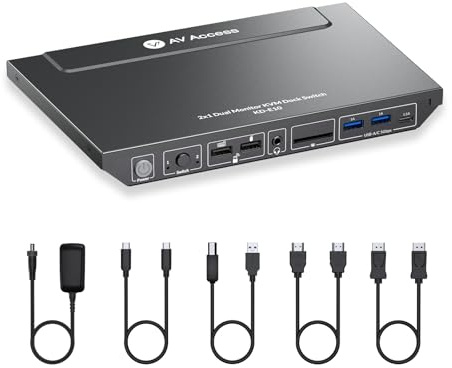 AV Access KVM Switch Docking Station for 2 Monitors 2 Computers, 4K KVM Switch Dual Monitor for Laptop & Desktop, EDID, 1G Ethernet, 100W USB-C Charging, 3X USB 3.0, Ideal for Home Office & Gaming