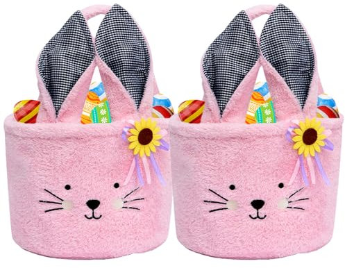 Tierisch süßer Osterkorb - Osterhase Plüschkorb zum Befüllen und Verschenken als frühlingshafte Osterdeko und Geschenkidee für ein blumiges Osternest. (2 Rosa)