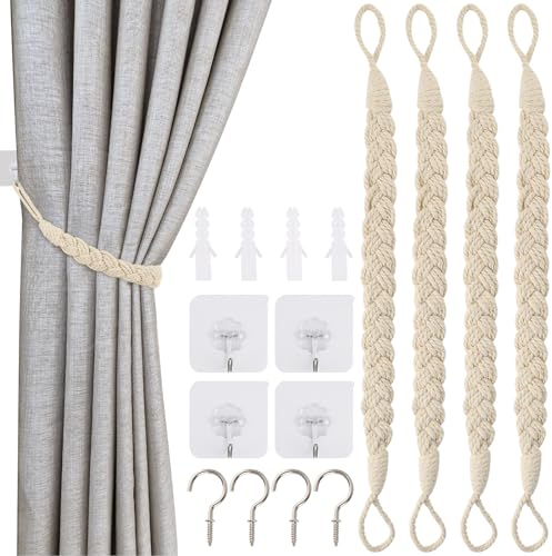 RISF Vorhang Raffhalter, 4 Stück Raffhalter für Gardinen,Handgestrickte Vorhang Raffhalter,Vorhangbinder, Gardinen Raffhalter, für Haus Office, Wohnzimmer, Schlafzimmer(Beige)
