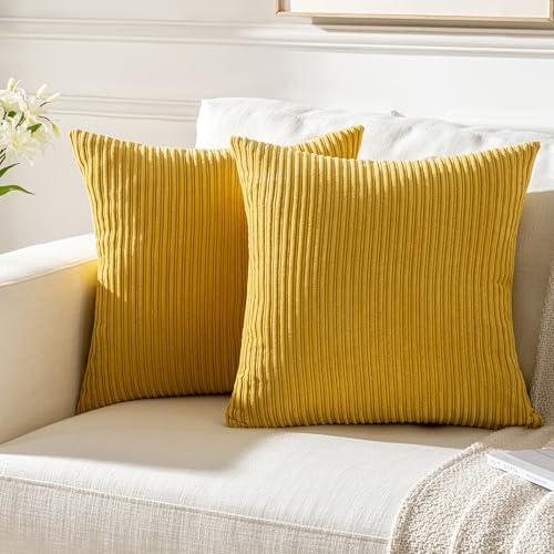 Aisybaklyn 2er Set Kordsamt Kissenbezug 50x50 cm Gelb Dekorative Kissen Dekokissen Groß Sofakissen Weich Deko Zierkissenbezug mit Verstecktem Reißverschluss für Wohnzimmer Sofa Schlafzimmer
