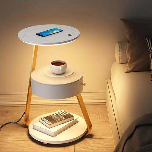 Charging Station Nightstand with LED Lights, Modern Round Side Table with 3-Tier Shelves - Small Table for Living Room/Bedroom/Office