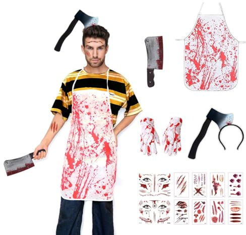 LKOIVNED Disfraces de Halloween para hombre, disfraz con hacha, diadema, guantes de sangre, delantal sangriento, calcomanías de tatuaje para carnicero, disfraz de Halloween, cosplay, fiesta de
