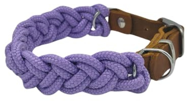 Pfoten Chic geflochtenes Tau Halsband | Tauhalsband geflochten für Hunde mit edlen Leder Applikationen | Leder Halsband (Pastel Lila, Beschläge Silber)
