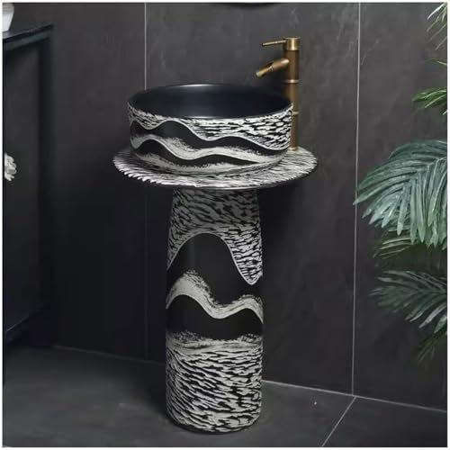 ZTGL Säulen-Waschplatz Waschbecken in Schwarz-Weiß-Muster Handgezeichnet, Freistehende Retro Standwaschbecken aus Keramik, Waschtisch mit Hahnloch für drinnen und draußen,3 Piece Set