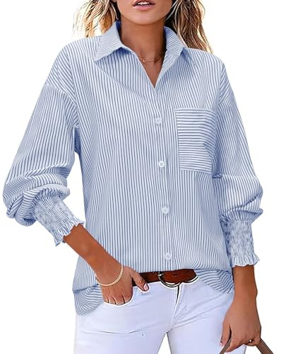 Striped Shirt Women Oversized Button Down Shirts for Women 2026 Fall Fashion Boyfriends Clothes with Pocket Smocked Tops Casual V Neck Collared Y2k Blouse Blue and White L