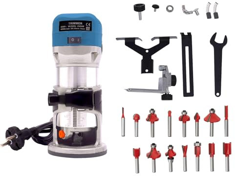 WindWilder Fresatrice elettrica per legno, 2000 W, 40000 giri/min, kit di router compatto con 15 punte per router a 6 marce, strumento per tagliare il legno, profondità massima di taglio 25 mm (blu)