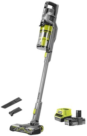 RYOBI One+ 18V Aspirador Escoba RSVS18-1C20G – 30 AW y 820 l/min, hasta 55 min de autonomía, Cepillo motorizado 24 cm, Filtro HEPA 12 – Incluye batería 2,0 Ah y Cargador (60 min)