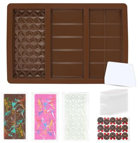 GIcGIeo 1pc Molde Silicona Chocolate Profundidad 21mm, Kit Moldes Tableta Chocolate Turron de Antiadherentes para Chocolat Forma Dubai y Barra Reposteria(100 Bolss+105 Pegatinas+Raspador)