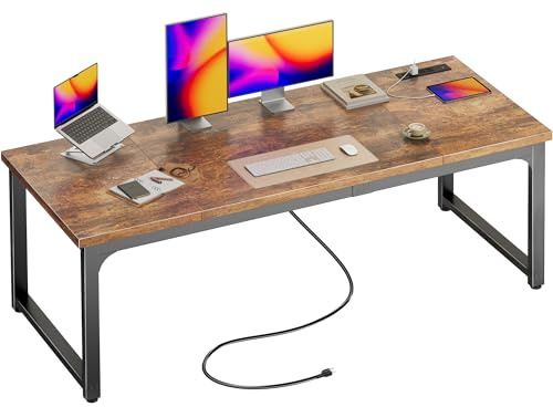 Huuger 63 x 24 inch Desk with Power Outlets & USB-C, Deeper & Thicker Desktop, Robust Metal Tubes, Computer Desk, Heavy Duty Office Desk, Work Gaming Desk, for Home Office, Rustic Brown