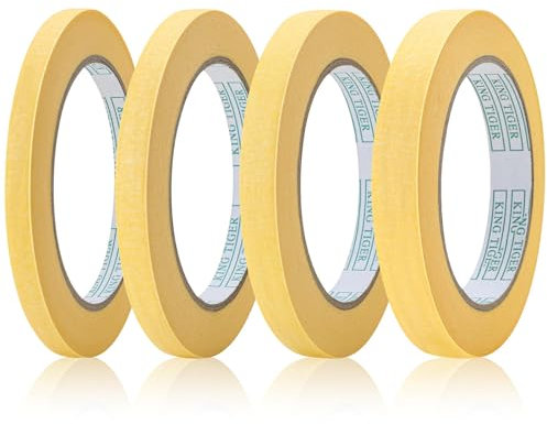 QINGHEC Lot de 4 rouleaux de ruban adhésif jaune - 5 mm/8 mm/12 mm/15 mm de large x 55 yards de large - Ruban de masquage pour peinture de voiture, peinture, façade