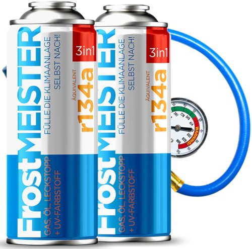 FrostMEISTER 3in1 – Auto-Klimaanlage Nachfüllset für R134a (1995–2016) – 2X 400 ml Dose & Schlauch mit Manometer – Ersatz für das Kältemittel, Öl & Dichtmittel – Schnelle & einfache Anwendung