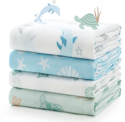 Momcozy Muslin Swaddle Blankets, 4-Pack Breathable and Skin-Friendly Receiving Blankets, Best Wishes Swaddle Blanket Shower Gifts & Baby Registry Essentials, Large 47x47, Ocean Pixie Dream