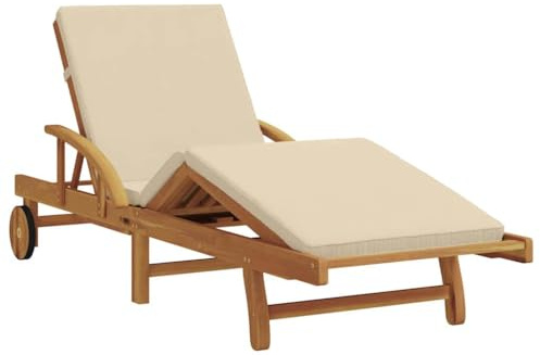 vidaXL Tumbona Acolchada de con Respaldo Ajustable, Asiento Plegable de Madera de Acacia Natural, Ideal para Tomar el Sol y relajarte en el balcón, jardín, al Lado de la Piscina, sillón reclinable,