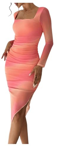 GORGLITTER Women's Ombre Ruched Asymmetrical Bodycon Dresses Square Neck Long Sleeve Midi Wedding Guest Dress Orange Small