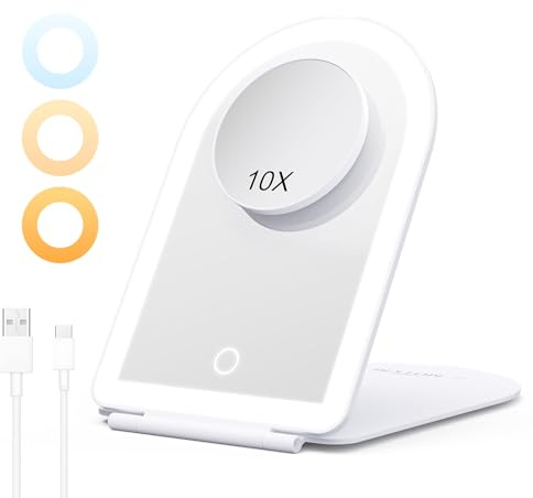 Specchio Trucco con Luci LED Ricaricabile, Specchio Pieghevole Portatile con Ingranditore 10X, Luminosità Regolabile a 3 Colori, Interruttori Sfioramento e Funzione Memoria, per Viaggio e Casa, Bianco