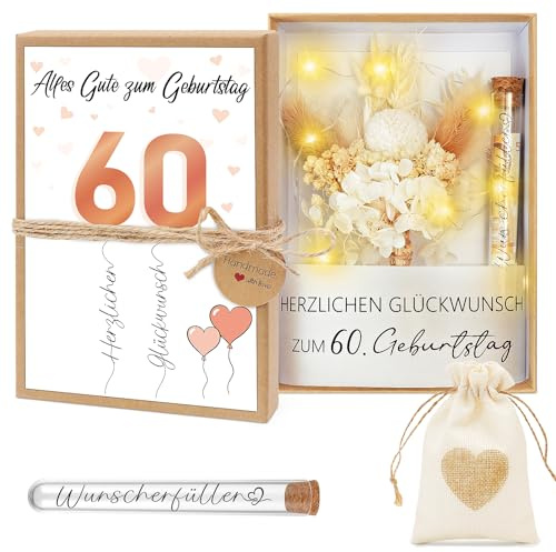 Shining She 60 Geburtstag Frau Geldgeschenke, Geldgeschenke Verpackung mit Reagenzglas Jutesäckchen LED-Lichterkette Trockenblumen, Lustige Geschenke zum 60 Geburtstag für Frauen Mama Oma Tante