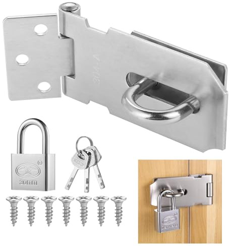 Door Hasp and Staple with Padlock: 3 Inch Stainless Steel Gate Lock Kit with Keys and Screws - 90° Shed Lock for Wooden Gates, Bedroom, Garden, Storage Box, and Outdoor Doors