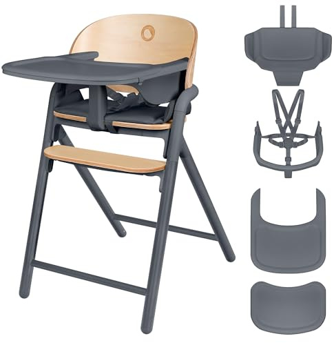 LIONELO Celia 3‑i‑1 Barnmatstol i Trä, Växande Hög Barnstol Från 6 Mån, Höjdjusterbar med 5‑Punktsbälte, Fotstöd och Avtagbar Bricka, Ergonomisk Design upp till 110 kg, Grå/Trä