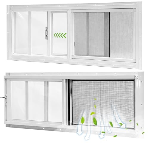 Yuzzy Paquete de 2 ventanas correderas de 10 x 35 pulgadas con vidrio templado y pantalla de fibra de vidrio extraíble para cobertizo, gallinero, casa de juegos, hogar, garaje, graneros (blanco)