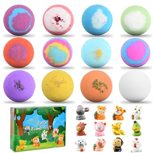 Ecofocet 12 Piezas Set de Regalo de Bombas de Baño con Juguetes Sorpresa, Naturales Bombas de Baño para Niños, Bolas de Baño Relajantes, Regalo para Niñas, Niños y Mujeres (Verde)