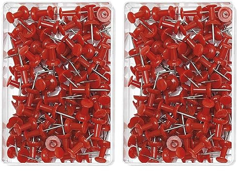 Wedo 54202 Pinnadeln Diabolo-Form, Länge 2,3 cm, Kopfdurchmesser 9 mm, Nadellänge 1,1 cm, 100 Stück in Klarsichtdose, rot (Packung mit 2)