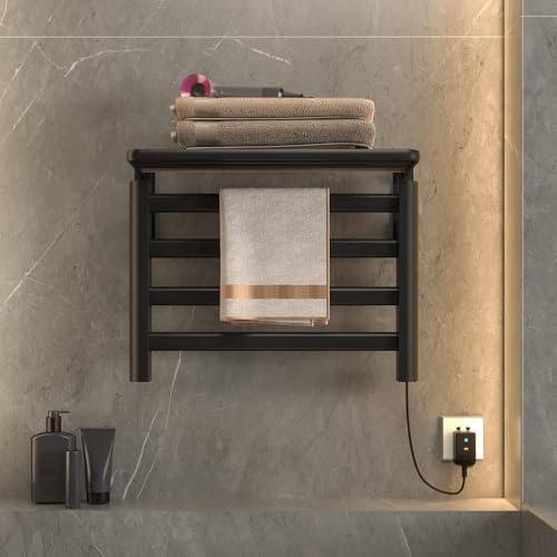 ZREVSB Electric Towel Radiator, Heated Rail with Intelligent Constant Temperature 55°C, Carbon Fiber Heating, Bathroom Dryer Shelf, 550x400mm (Black Right)
