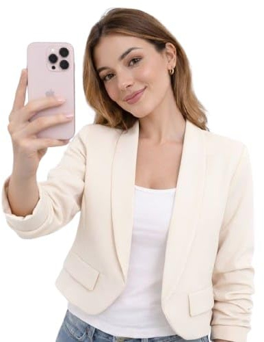 Womens Cropped Blazer, Ladies Casual Solid Suits Open Front Jackets 3/4 Ruched Sleeves Elegant Blazers Work Office Cardigan UK One Size 8-12, (Cream)