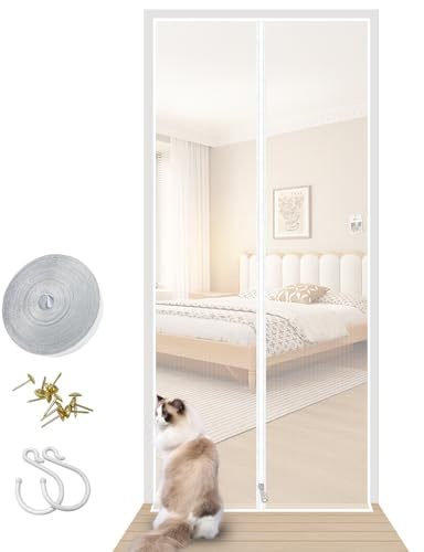 Kattnät för balkong, insektsskydd balkongdörr, balkong, insektsskärmdörr, med dragkedja, andas och ventilerad, lämplig för sovrumsdörrar etc (vit, 90 x 200 cm)