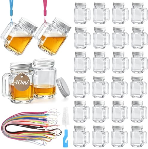 Mssushi 28 Set Shot Glasses with Handles and Lids, 40ml Mini Mason Jars | Screw Lids, 28 Lanyards Included, Liquor, Ginger Shots, Whiskey, Party Game