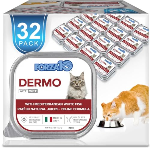 Forza10 - Cat Food, Actiwet Dermo Wet Cat Food, Non GMO, Vet-Approved for Sensitive Stomach and Skin with Support for Feline Dermatitis, Salmon Flavor, Made in Italy (3.5 oz, 32 Pack)
