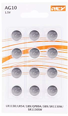 REY Pack de 12 Pilas AG10 1.5V Tipo Botón de Litio, LR1130, LR54, L1131, 189, GP89A, 389, SR1130W, SR1130SW