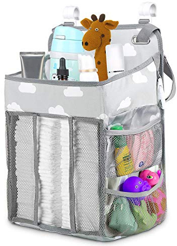 Diaper Caddy Hanging Diaper Caddy Organizer, Hanging Nursery Nappy Organiser Diaper Holder Caddy Stacker for Baby Girl Boy Crib Changing Table Playard Wall Baby Shower Gifts Bedside Storage Bag -Grey