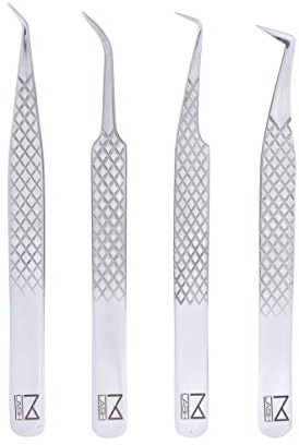 M LASH Tweezers for Eyelash Extensions (Set of 4) - Professional Lash Extension Tweezers - Fiber Tip, Japanese Steel, Diamond Grip (Silver)