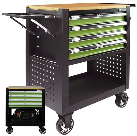 TRUTZHOLM Werkstattwagen Profi Compact unbestückt | Breite gesamt inkl. klappbaren Seitenablage 97 cm, massive Holzplatte, 4 Schubladen, Stauraum Lochwand, 4 Rollen