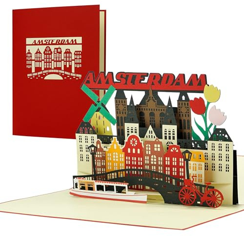 Diese Klappkarten Reisegutschein nach Amsterdam |3D Pop Up Karte als Gutschein, Einladung für einen Urlaub, eine Reise nach Holland | Schöne Geschenkidee und Geschenk, A144AMZ