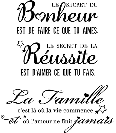 2Sets Stickers Muraux Citations Française Autocollant Mural Texte Famille et Bonheur Réussite Secret Décoration Home Décalque Wall Sticker DIY Peinture Chambre Salon Bureau